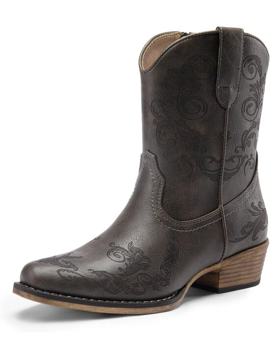 Shoes - Women's Grey Faux Leather Square Toe Fashion Dress Low Chunky Heel Cowgirl Boots
